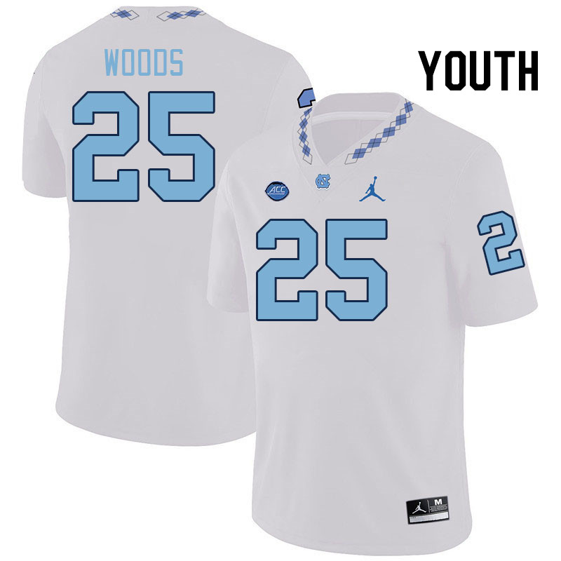Youth #25 Ashton Woods North Carolina Tar Heels College Football Jerseys Stitched-White